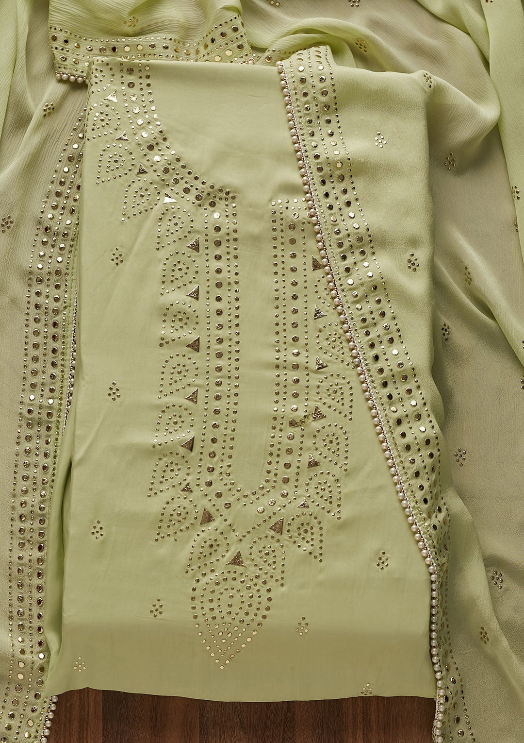 Pista Green Gotapatti Semi Crepe Designer Unstitched Salwar Suit - Koskii