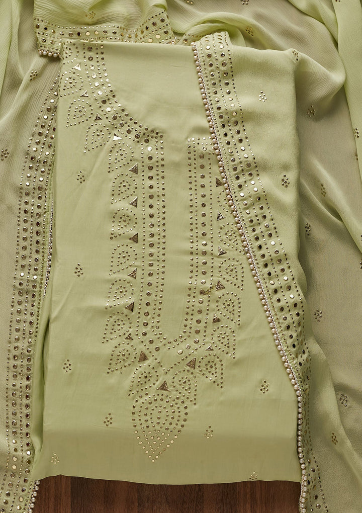 Pista Green Gotapatti Semi Crepe Designer Unstitched Salwar Suit - Koskii