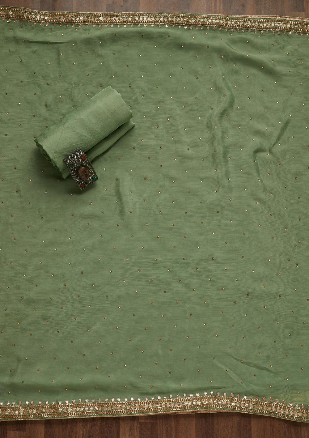 Pista Green Gotapatti Semi Crepe Unstitched Salwar Suit - Koskii