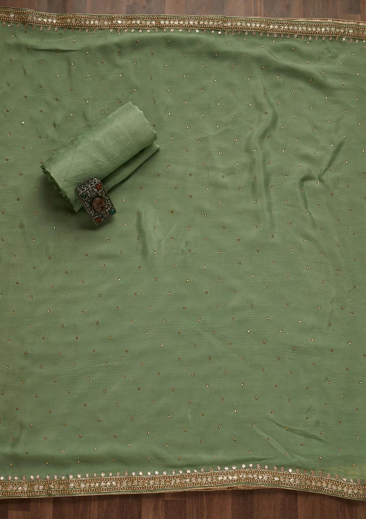 Pista Green Gotapatti Semi Crepe Unstitched Salwar Suit - Koskii