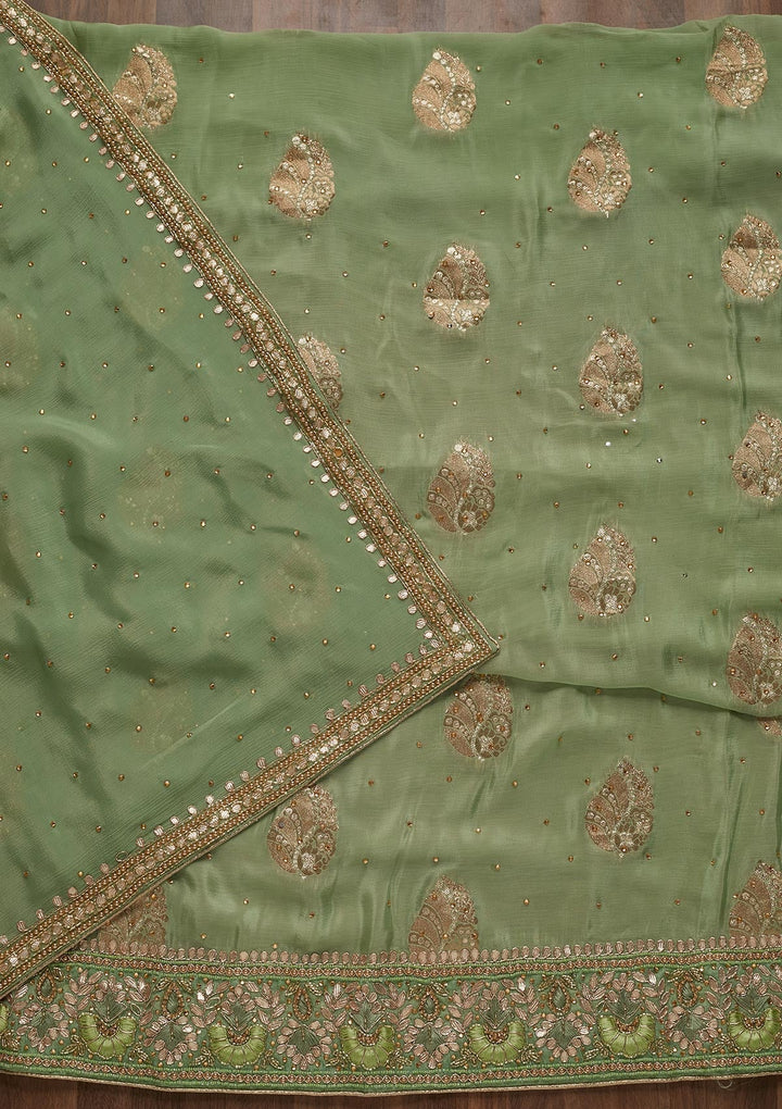 Pista Green Gotapatti Semi Crepe Unstitched Salwar Suit - Koskii