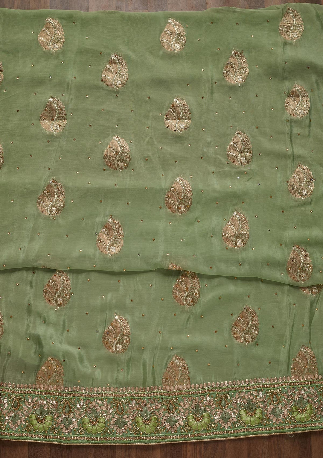 Pista Green Gotapatti Semi Crepe Unstitched Salwar Suit - Koskii