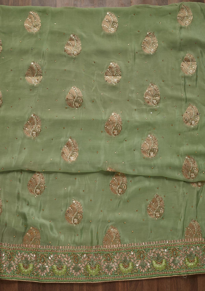 Pista Green Gotapatti Semi Crepe Unstitched Salwar Suit - Koskii