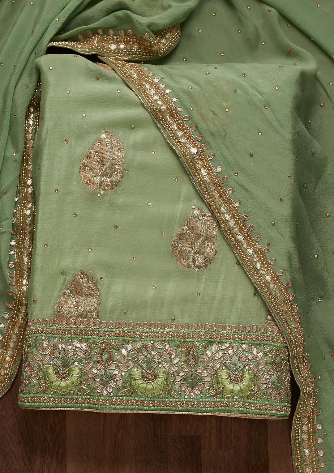 Pista Green Gotapatti Semi Crepe Unstitched Salwar Suit - Koskii