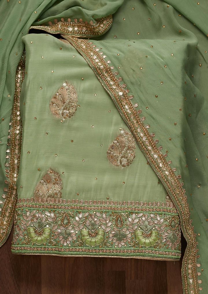 Pista Green Gotapatti Semi Crepe Unstitched Salwar Suit - Koskii