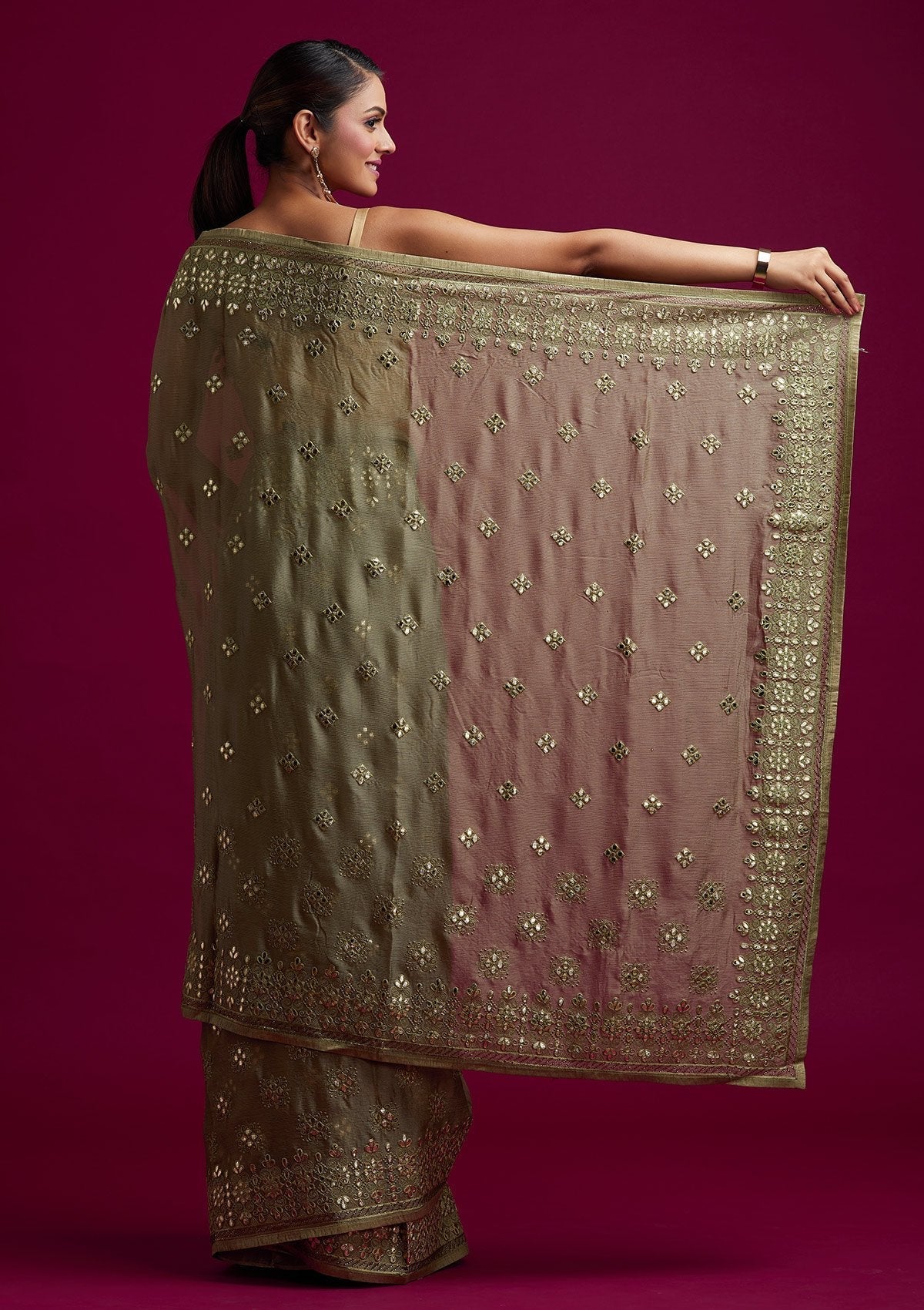 Pista Green Gotapatti Semi Crepe Designer Saree - koskii