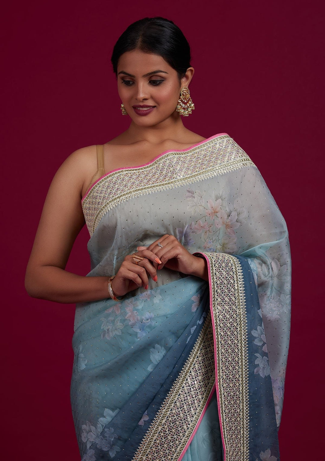 Pista Green Gotapatti Semi Crepe Designer Saree - Koskii