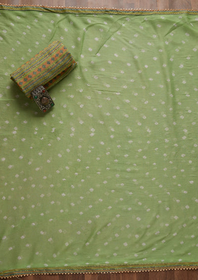 Pista Green Mirrorwork Cotton Unstitched Salwar Suit - Koskii