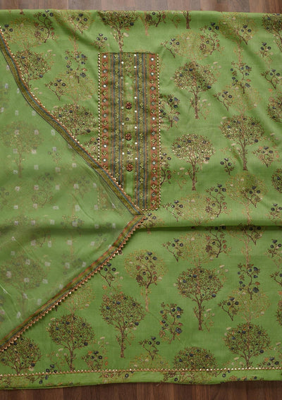 Pista Green Mirrorwork Cotton Unstitched Salwar Suit - Koskii
