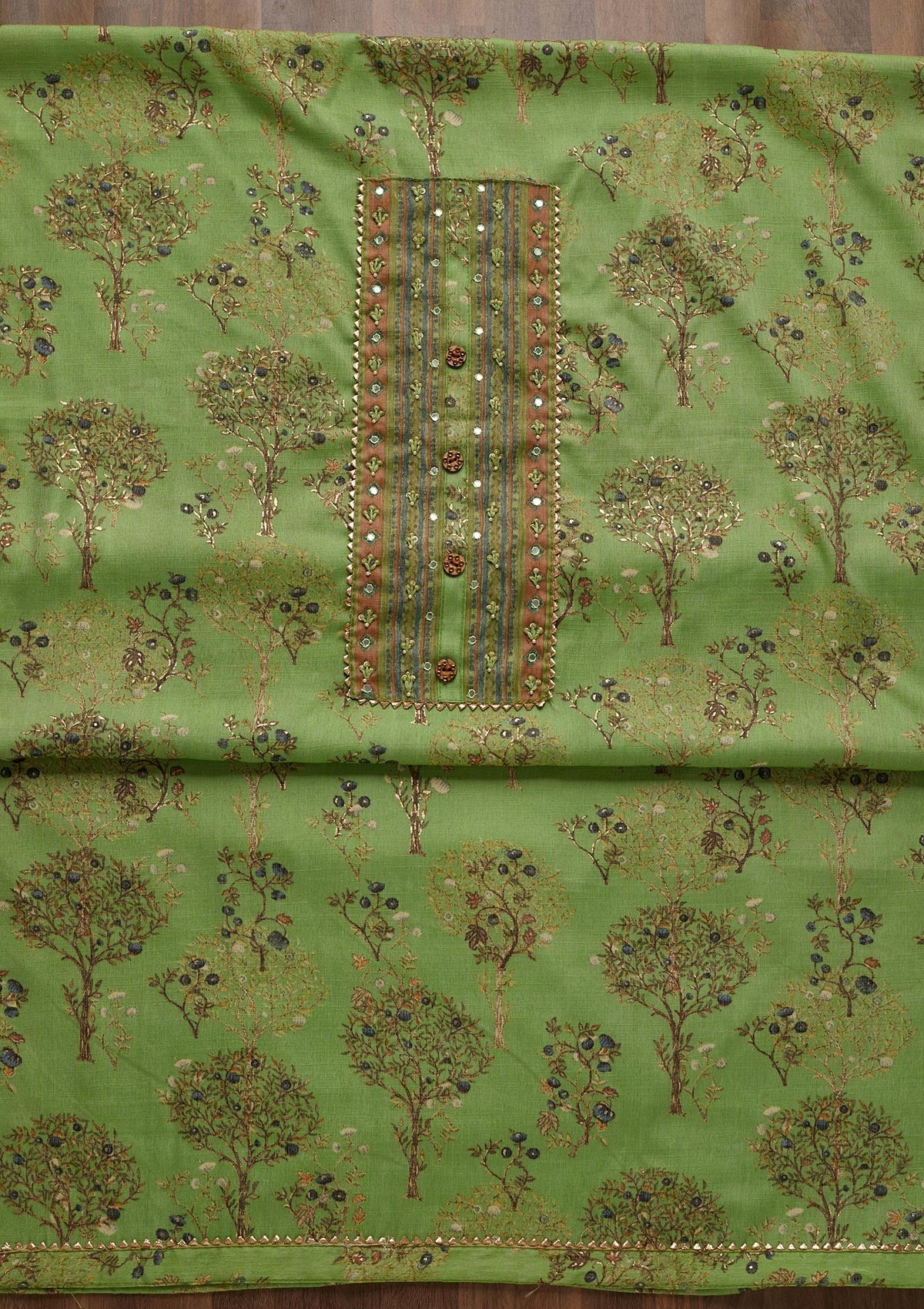 Pista Green Mirrorwork Cotton Unstitched Salwar Suit - Koskii