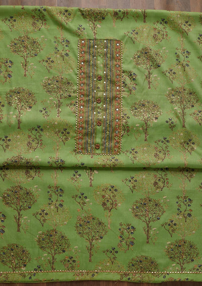 Pista Green Mirrorwork Cotton Unstitched Salwar Suit - Koskii