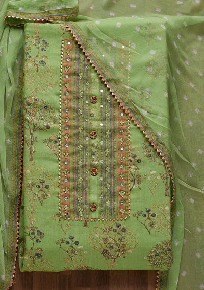 Pista Green Mirrorwork Cotton Unstitched Salwar Suit - Koskii