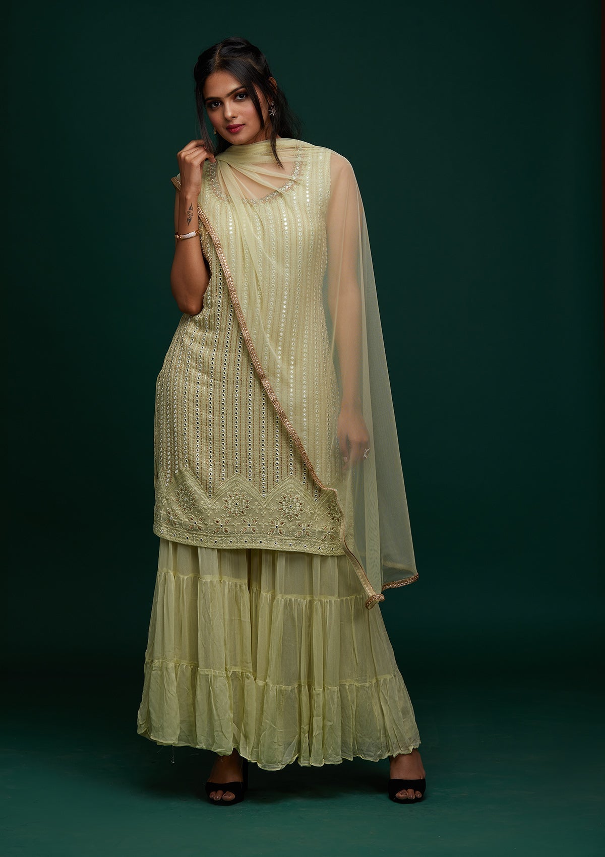 Pista Green Mirrorwork Georgette Designer Salwar Suit - Koskii
