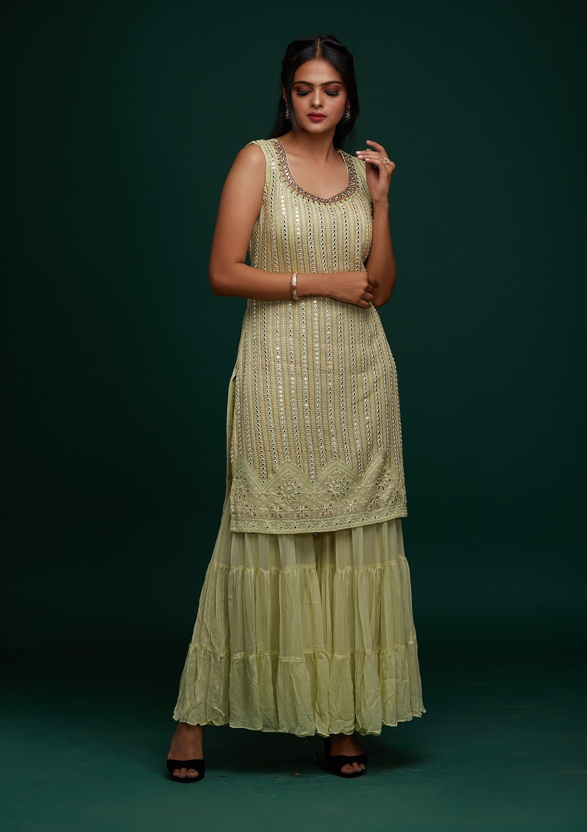 Pista Green Mirrorwork Georgette Designer Salwar Suit - Koskii