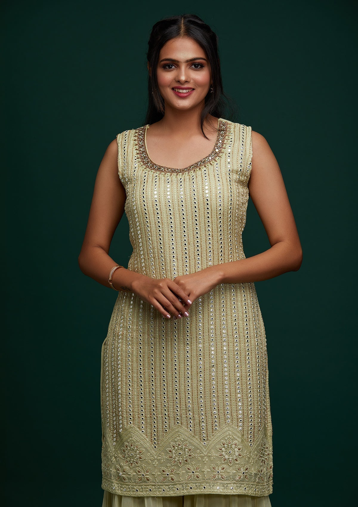Pista Green Mirrorwork Georgette Designer Salwar Suit - Koskii