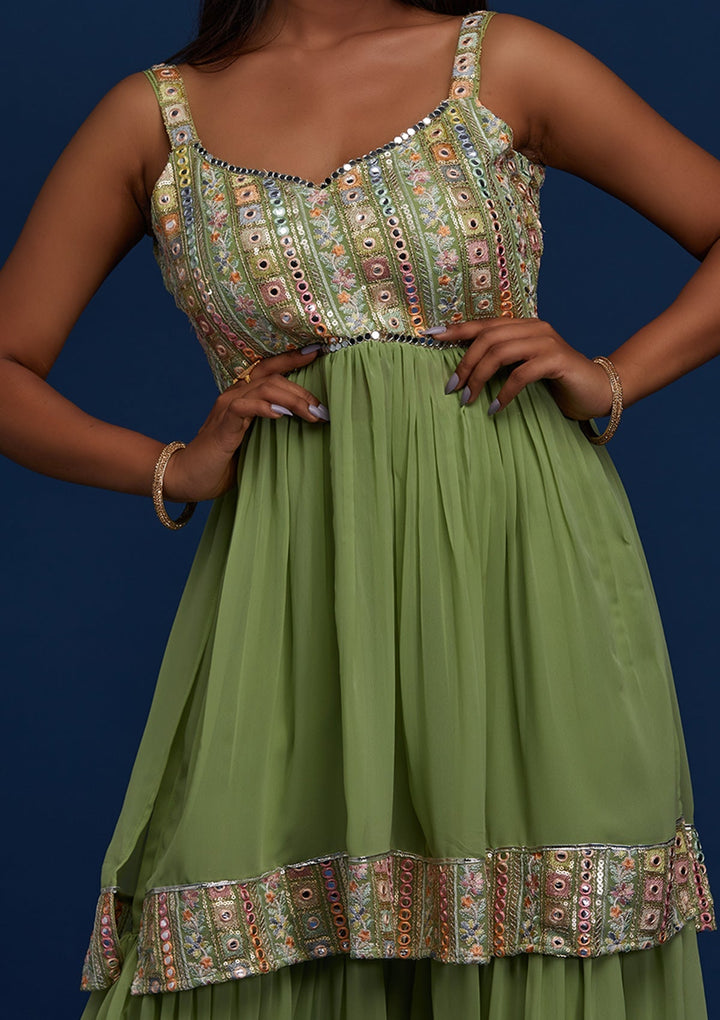 Pista Green Mirrorwork Georgette Designer Salwar Suit - Koskii