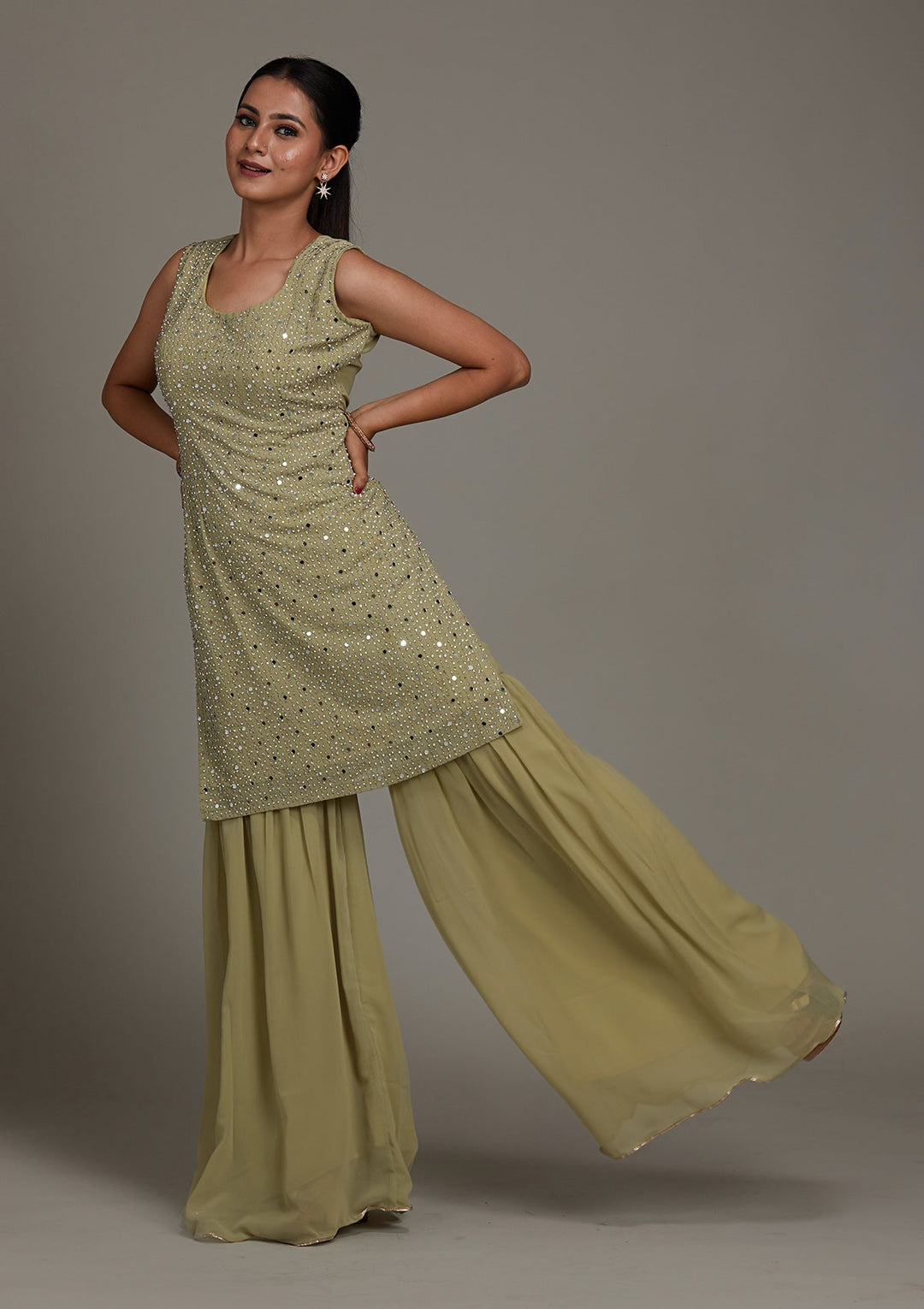 Pista Green Mirrorwork Georgette Salwar Suit-Koskii