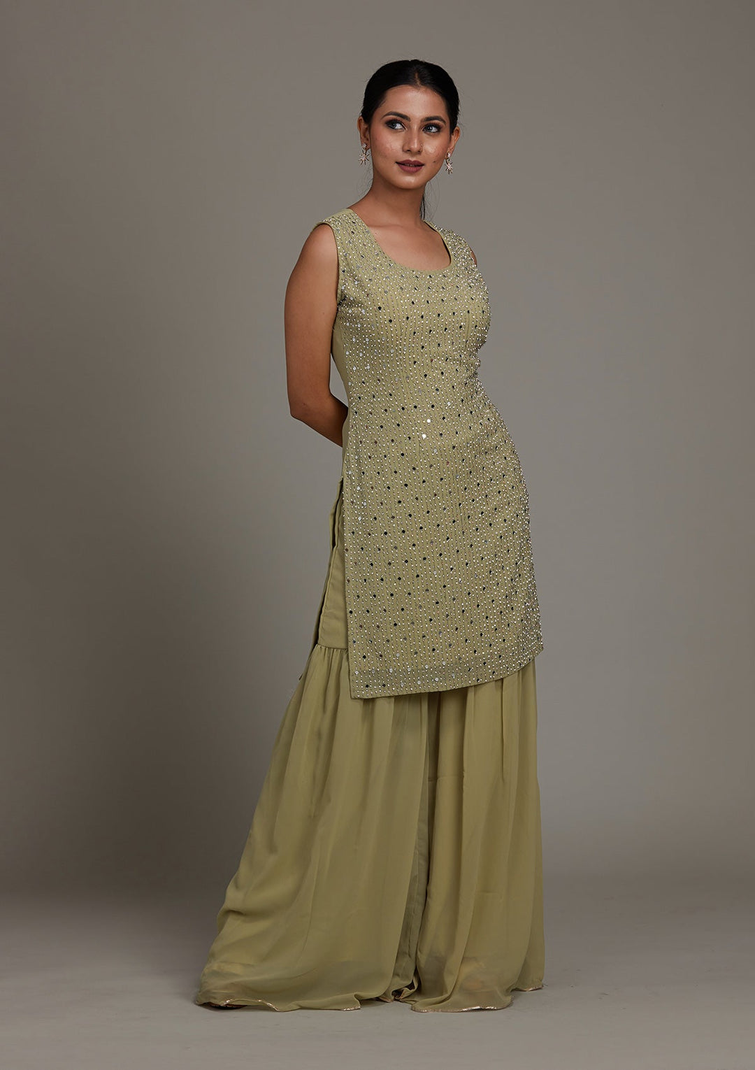 Pista Green Mirrorwork Georgette Salwar Suit-Koskii