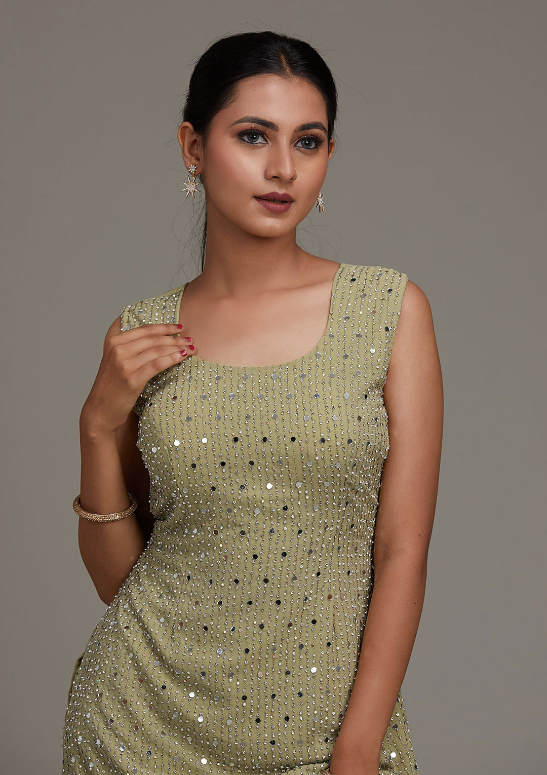 Pista Green Mirrorwork Georgette Salwar Suit-Koskii