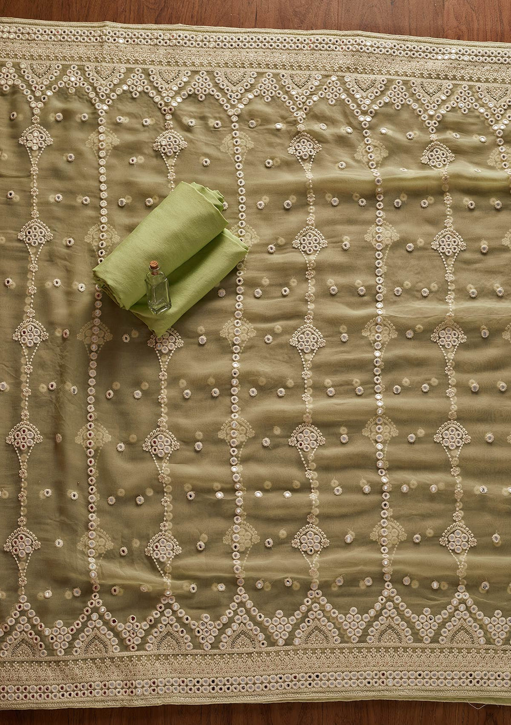Pista Green Mirrorwork Georgette Designer Unstitched Salwar Suit - koskii