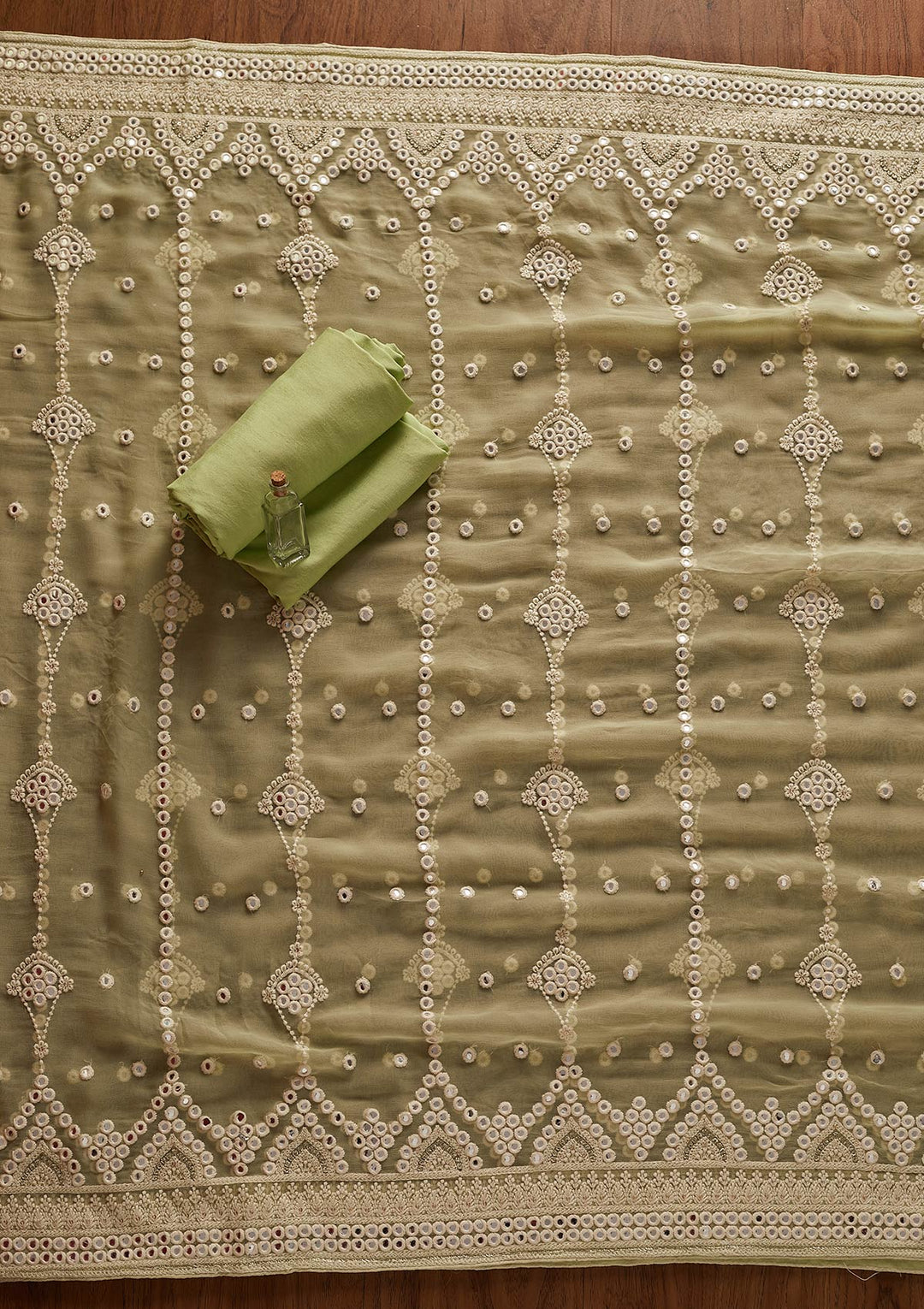 Pista Green Mirrorwork Georgette Designer Unstitched Salwar Suit - koskii