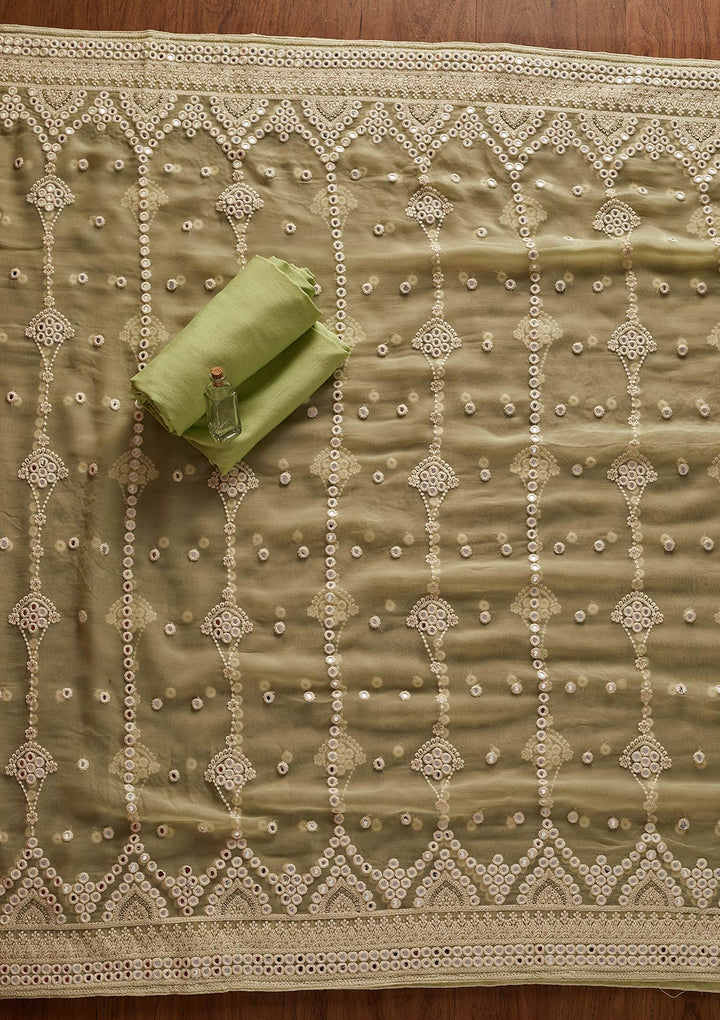 Pista Green Mirrorwork Georgette Designer Unstitched Salwar Suit - koskii