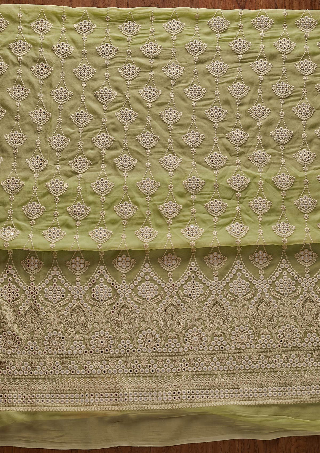 Pista Green Mirrorwork Georgette Designer Unstitched Salwar Suit - koskii