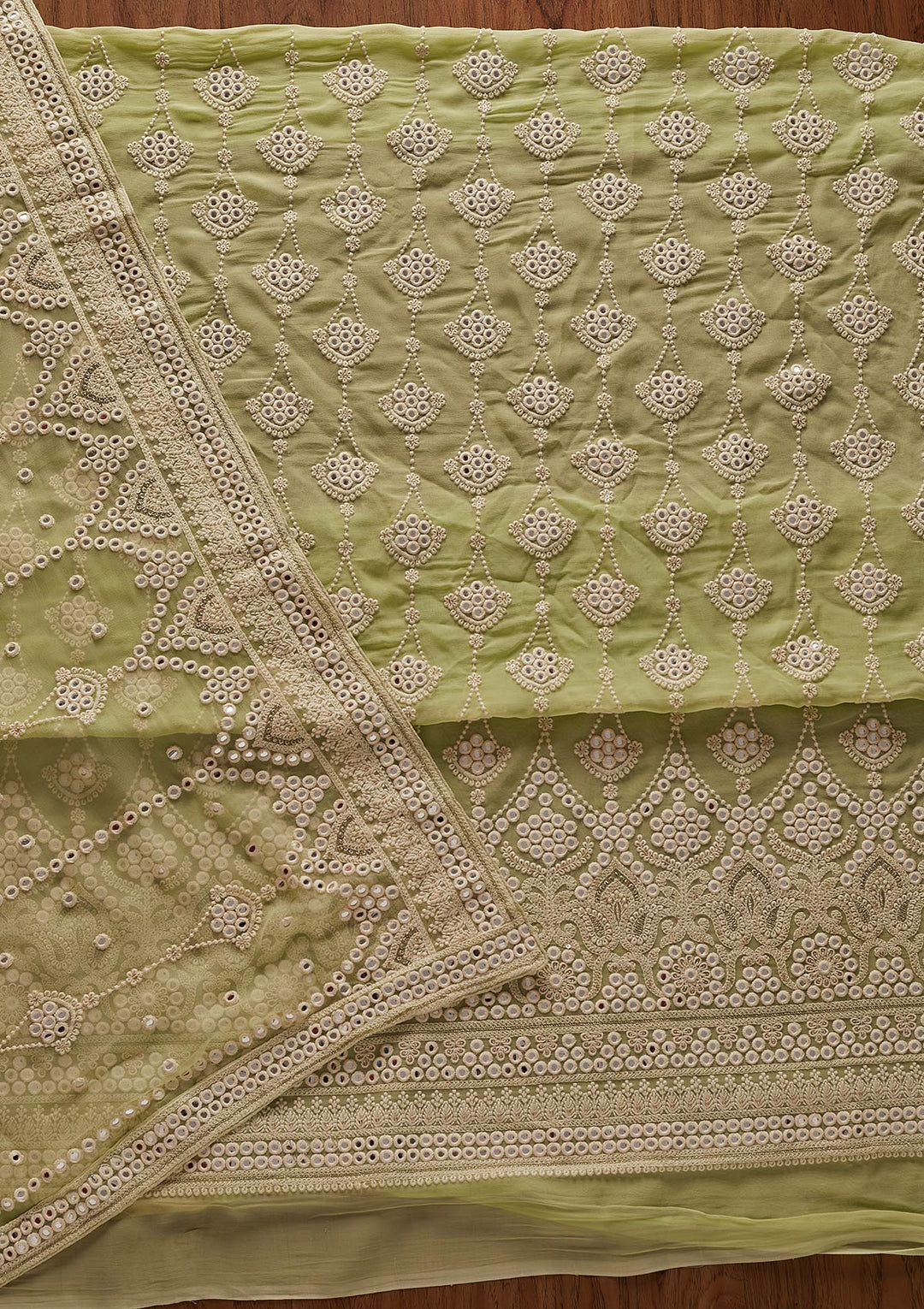 Pista Green Mirrorwork Georgette Designer Unstitched Salwar Suit - koskii