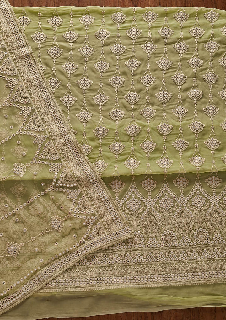 Pista Green Mirrorwork Georgette Designer Unstitched Salwar Suit - koskii