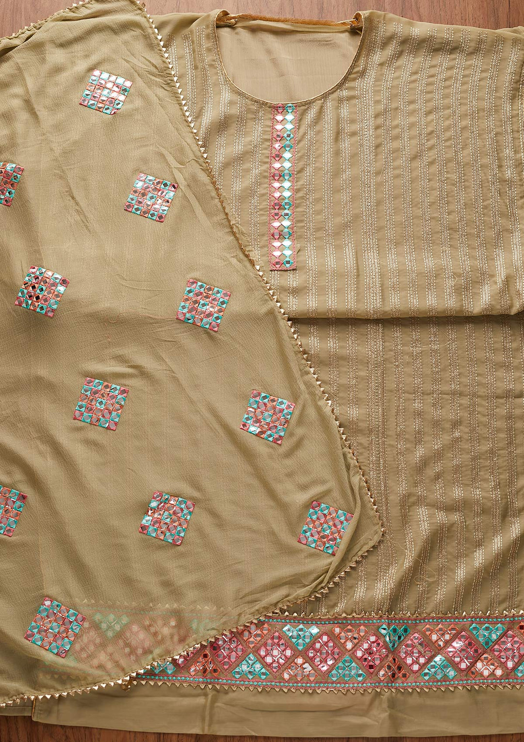 Pista Green Mirrorwork Georgette Designer Unstitched Salwar Suit - koskii