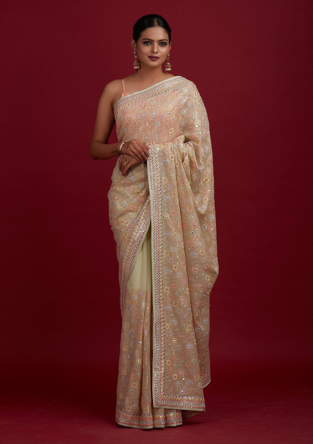 Pista Green Mirrorwork Georgette Designer Saree - Koskii
