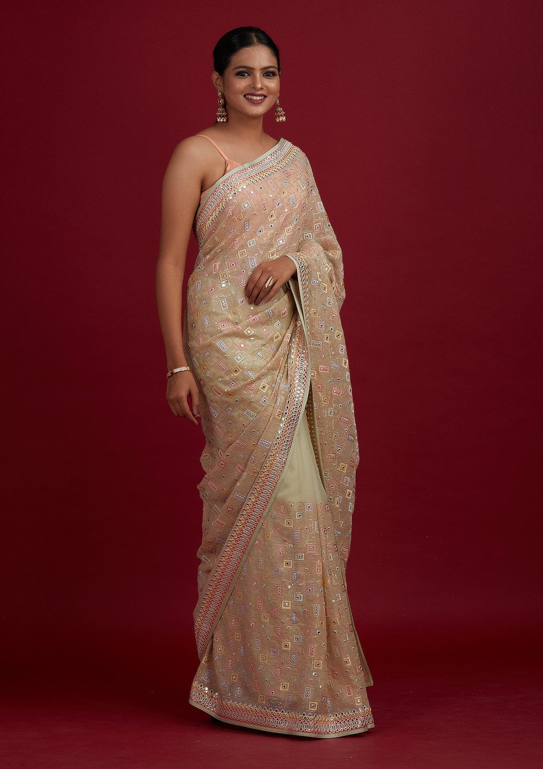 Pista Green Mirrorwork Georgette Designer Saree - Koskii