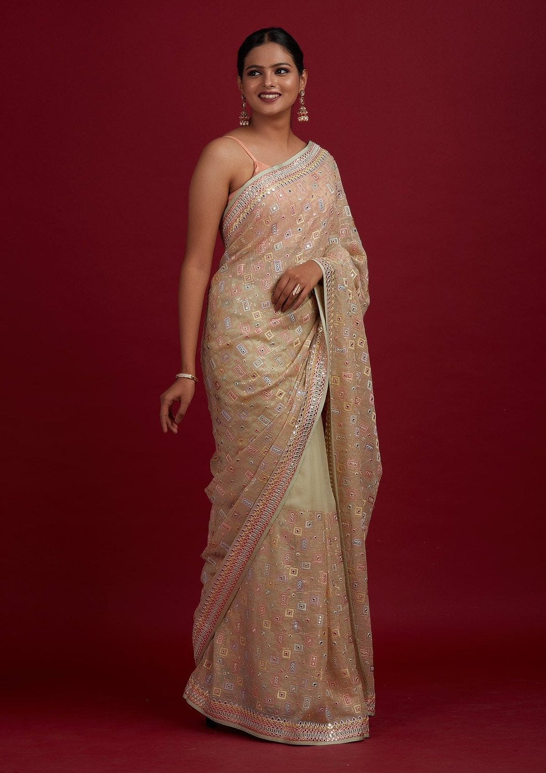 Pista Green Mirrorwork Georgette Designer Saree - Koskii