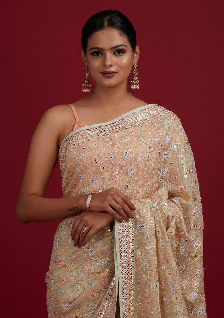 Pista Green Mirrorwork Georgette Designer Saree - Koskii