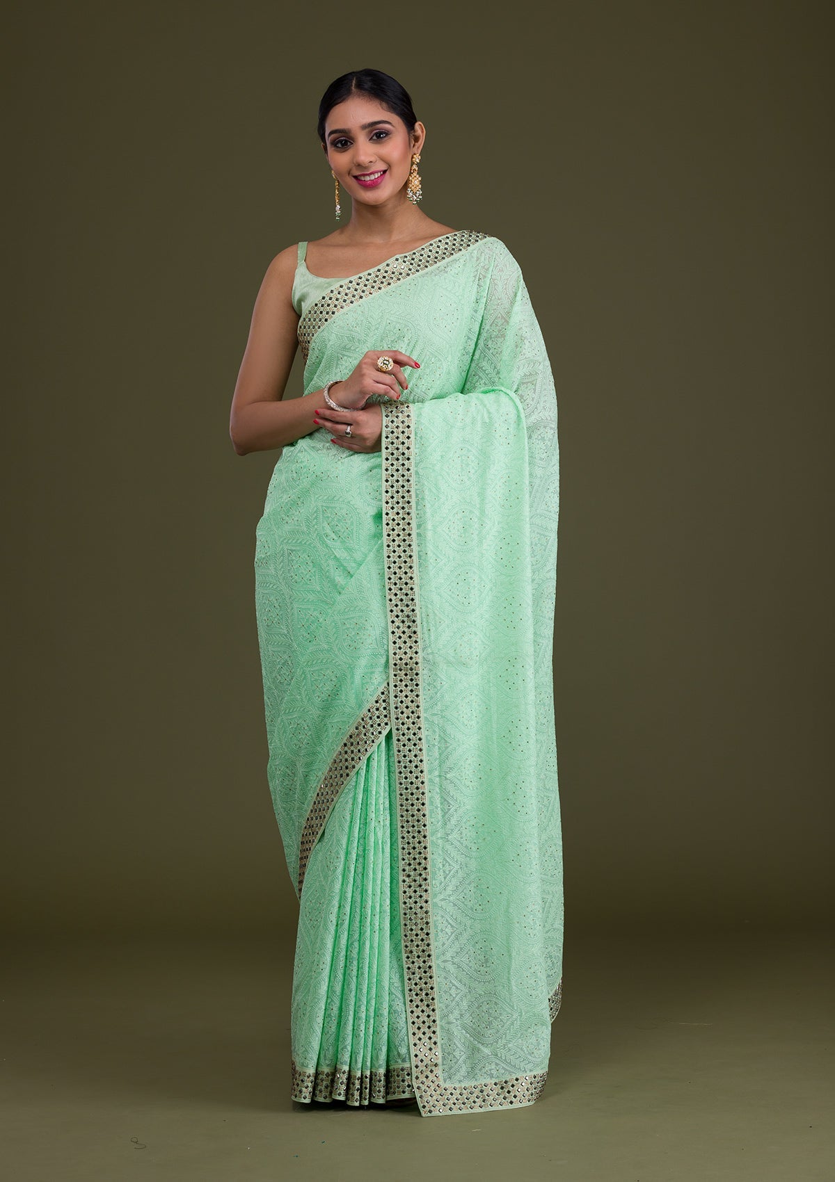 Pista Green Mirrorwork Georgette Saree-Koskii