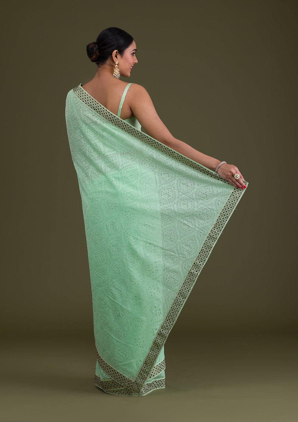 Pista Green Mirrorwork Georgette Saree-Koskii