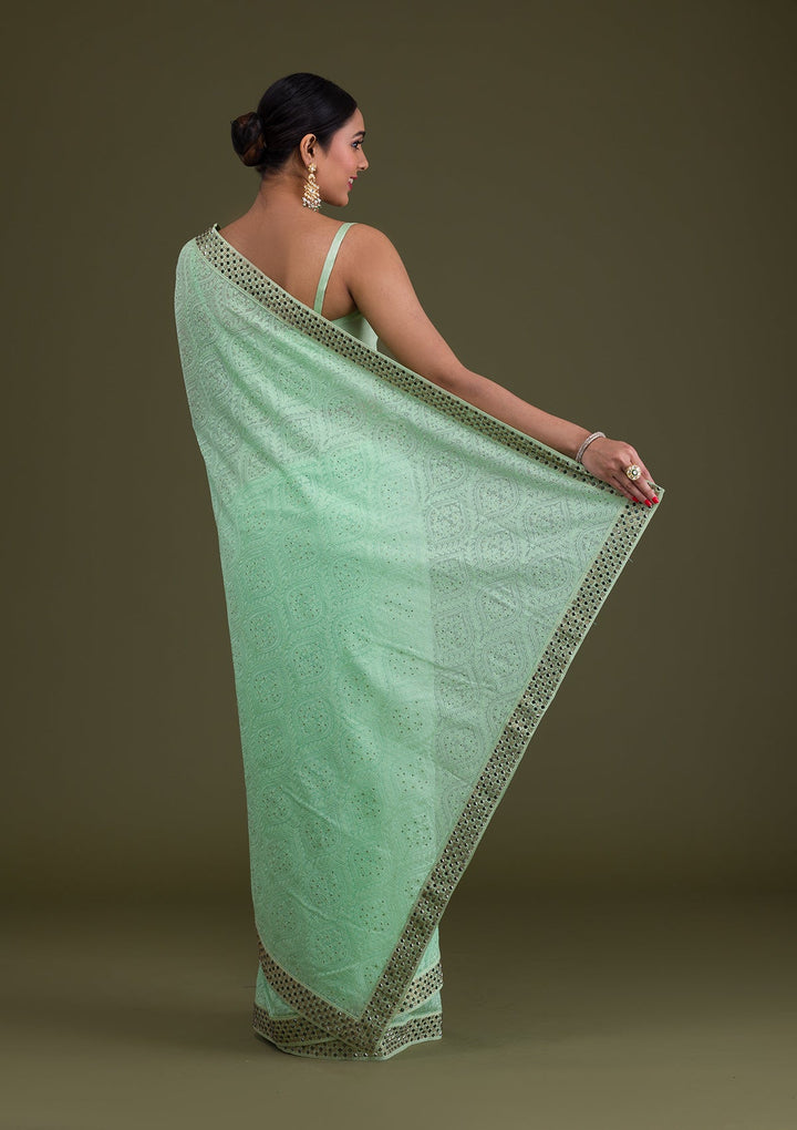 Pista Green Mirrorwork Georgette Saree-Koskii