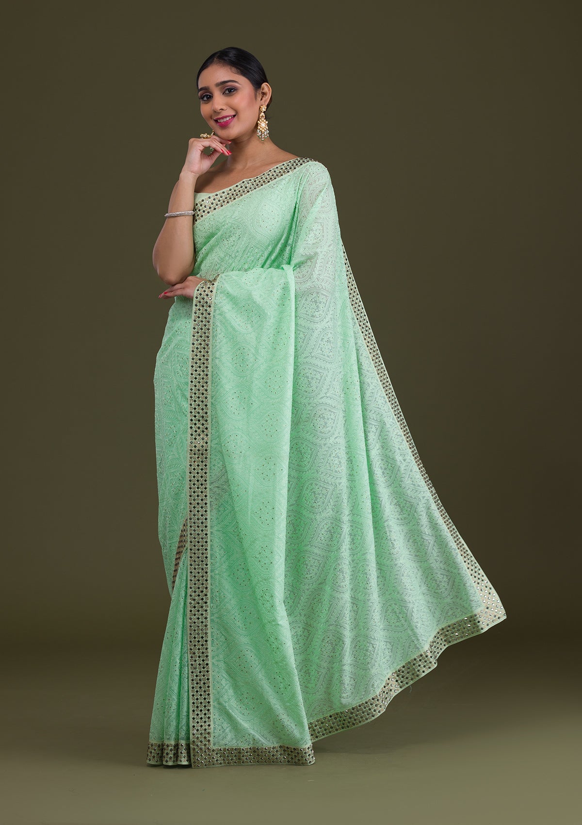 Pista Green Mirrorwork Georgette Saree-Koskii