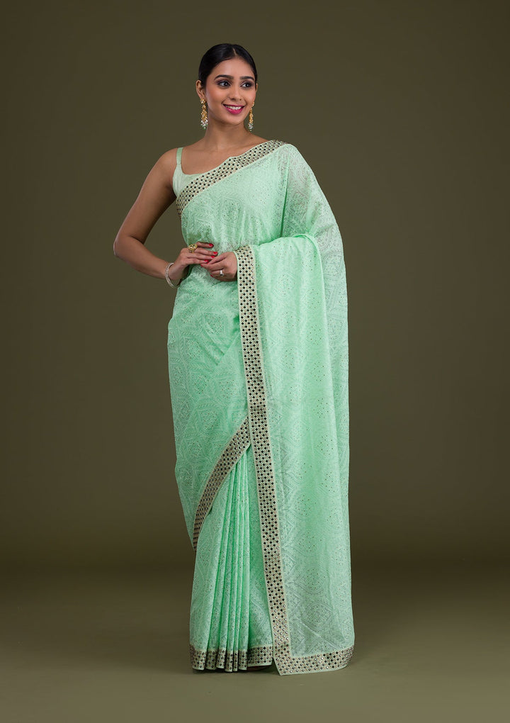 Pista Green Mirrorwork Georgette Saree-Koskii