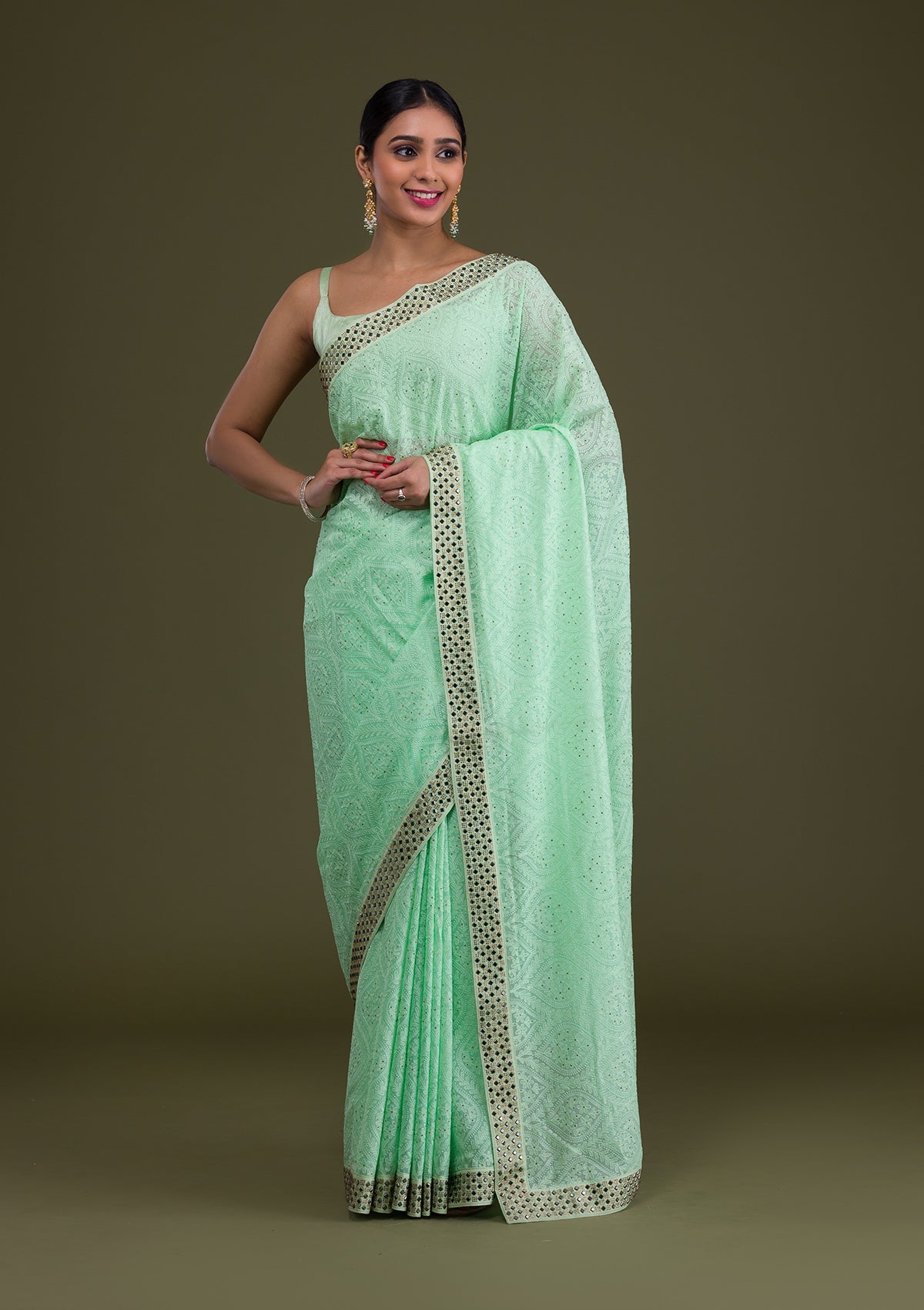 Pista Green Mirrorwork Georgette Saree-Koskii