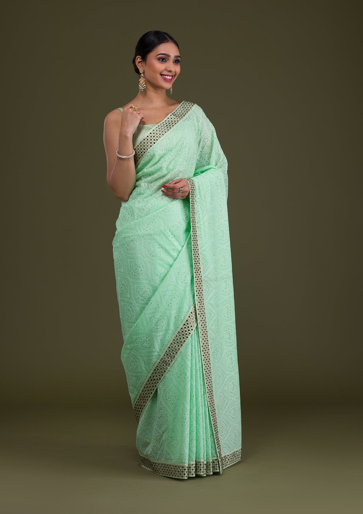 Pista Green Mirrorwork Georgette Saree-Koskii