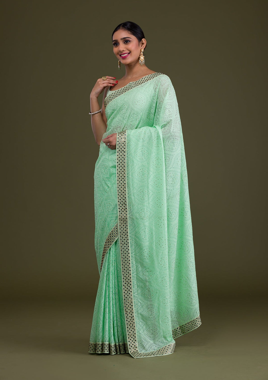 Pista Green Mirrorwork Georgette Saree-Koskii