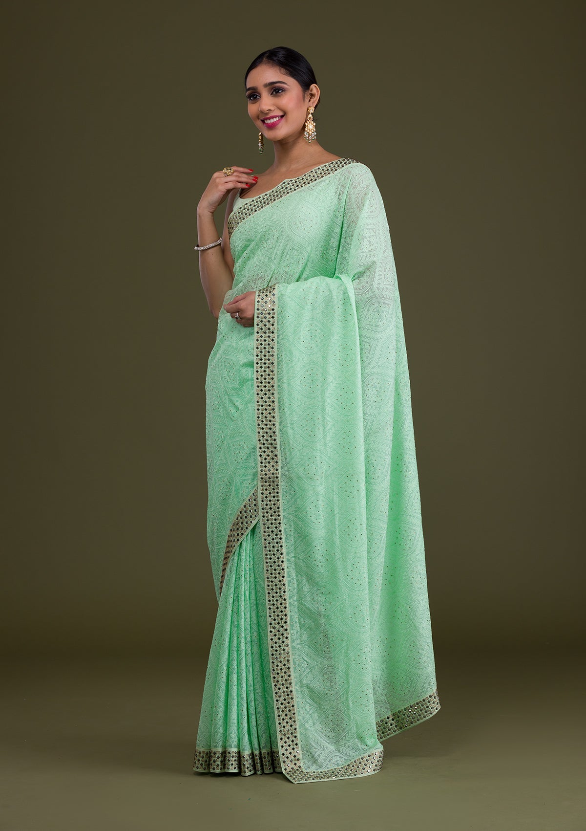 Pista Green Mirrorwork Georgette Saree-Koskii