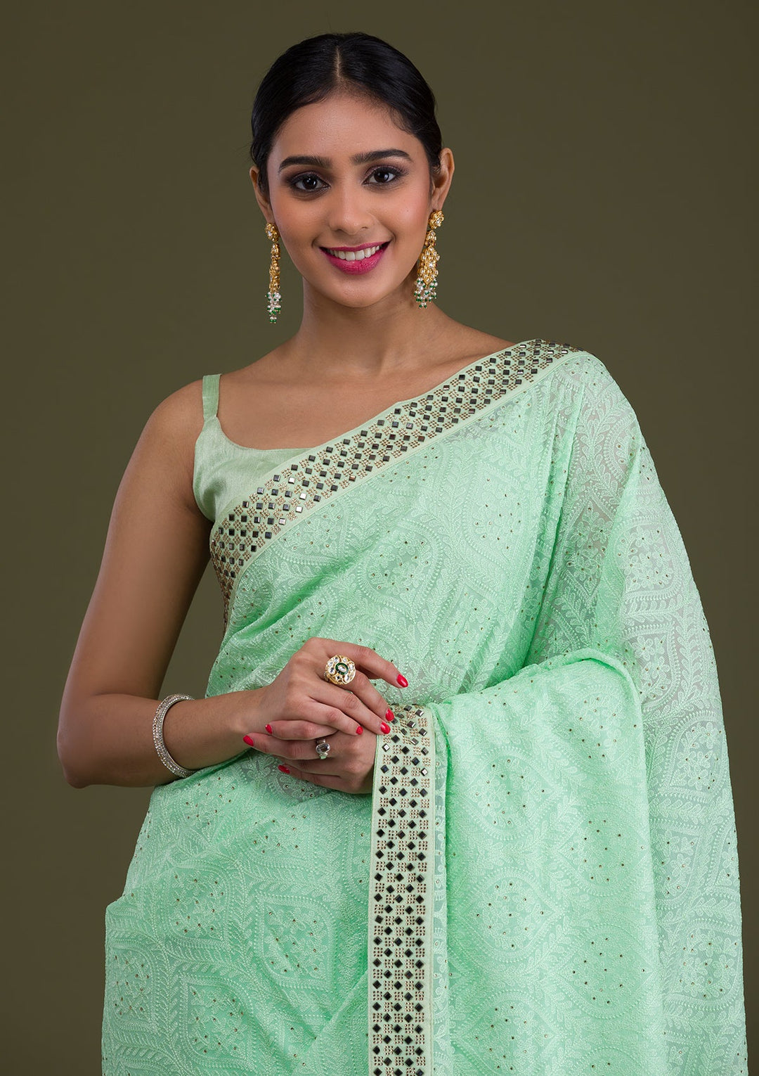 Pista Green Mirrorwork Georgette Saree-Koskii