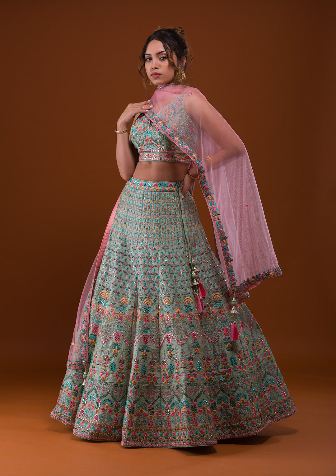 Pista Green Mirrorwork Raw Silk Designer Lehenga-Koskii