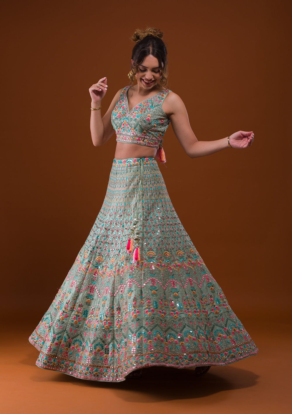 Pista Green Mirrorwork Raw Silk Designer Lehenga-Koskii