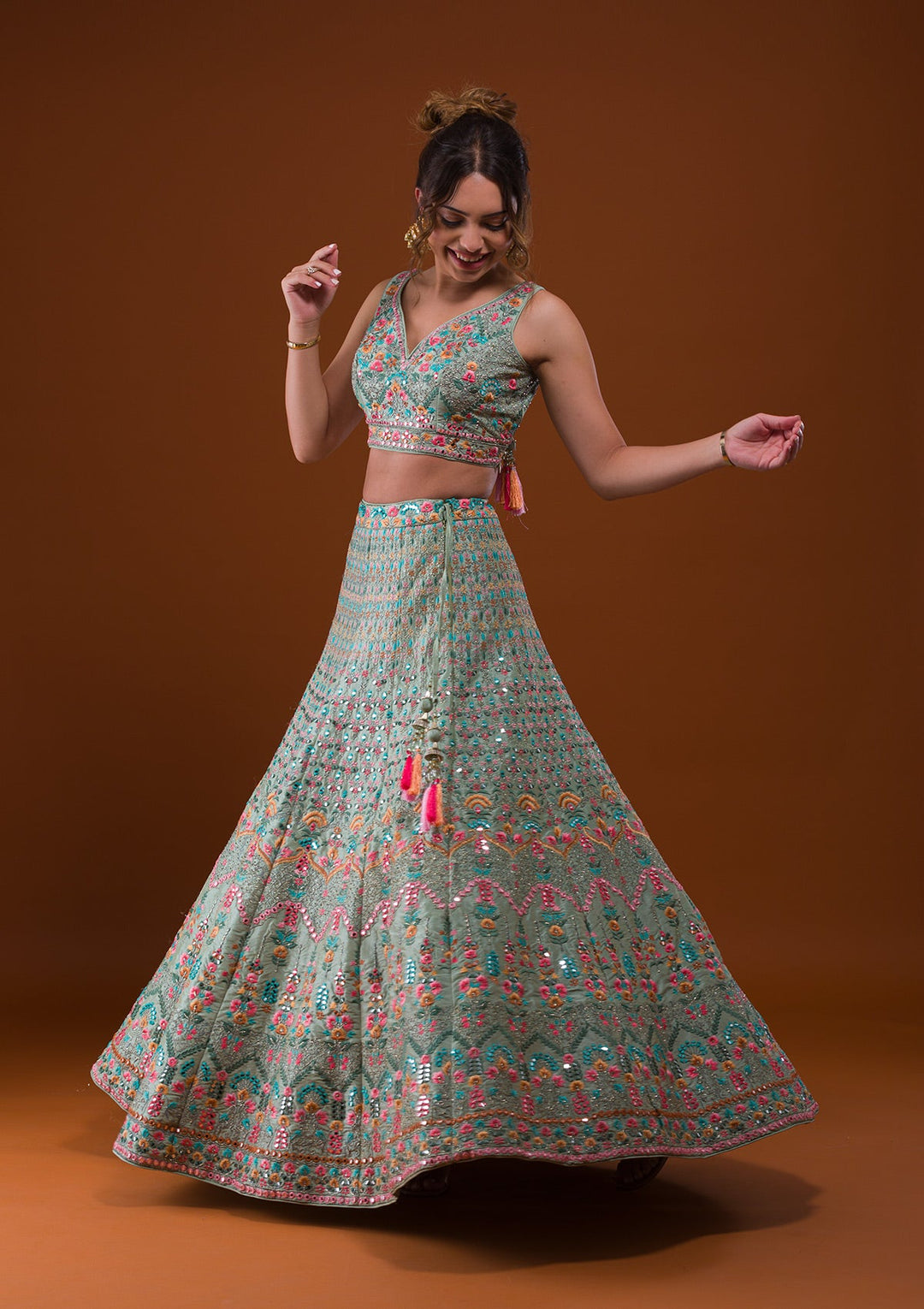 Pista Green Mirrorwork Raw Silk Designer Lehenga-Koskii