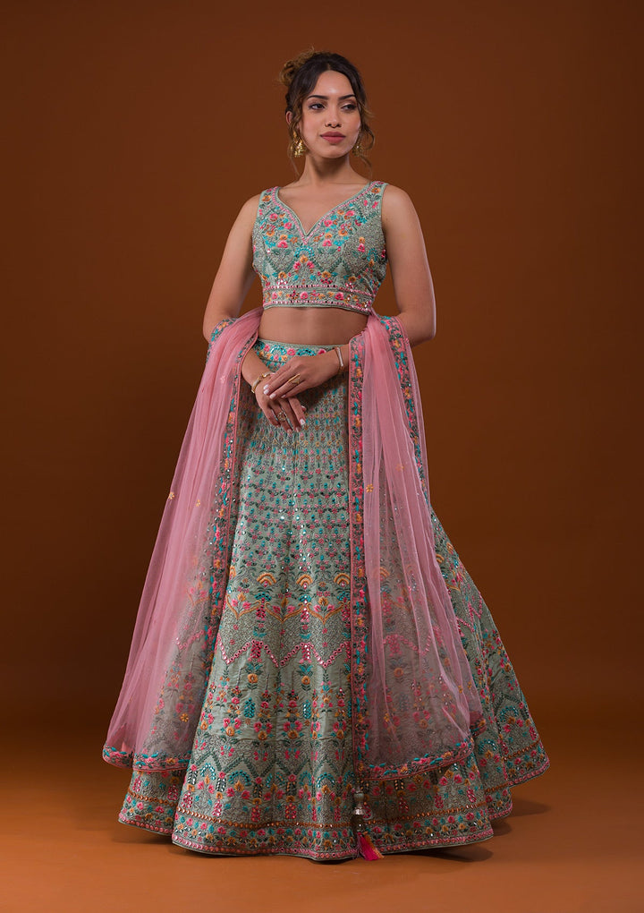 Pista Green Mirrorwork Raw Silk Designer Lehenga-Koskii