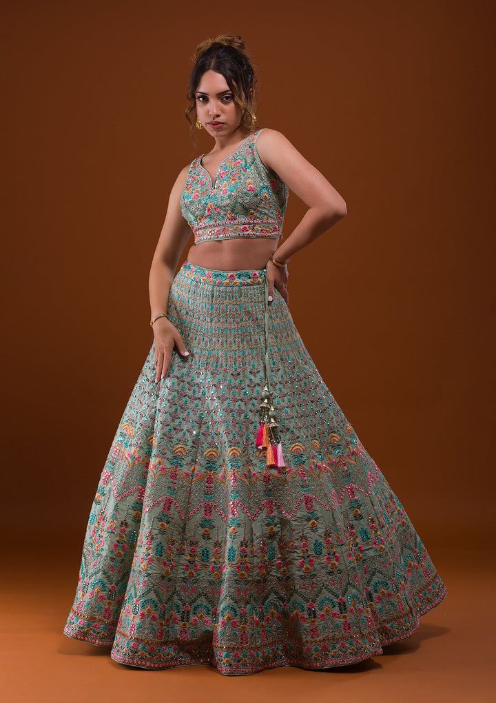 Pista Green Mirrorwork Raw Silk Designer Lehenga-Koskii