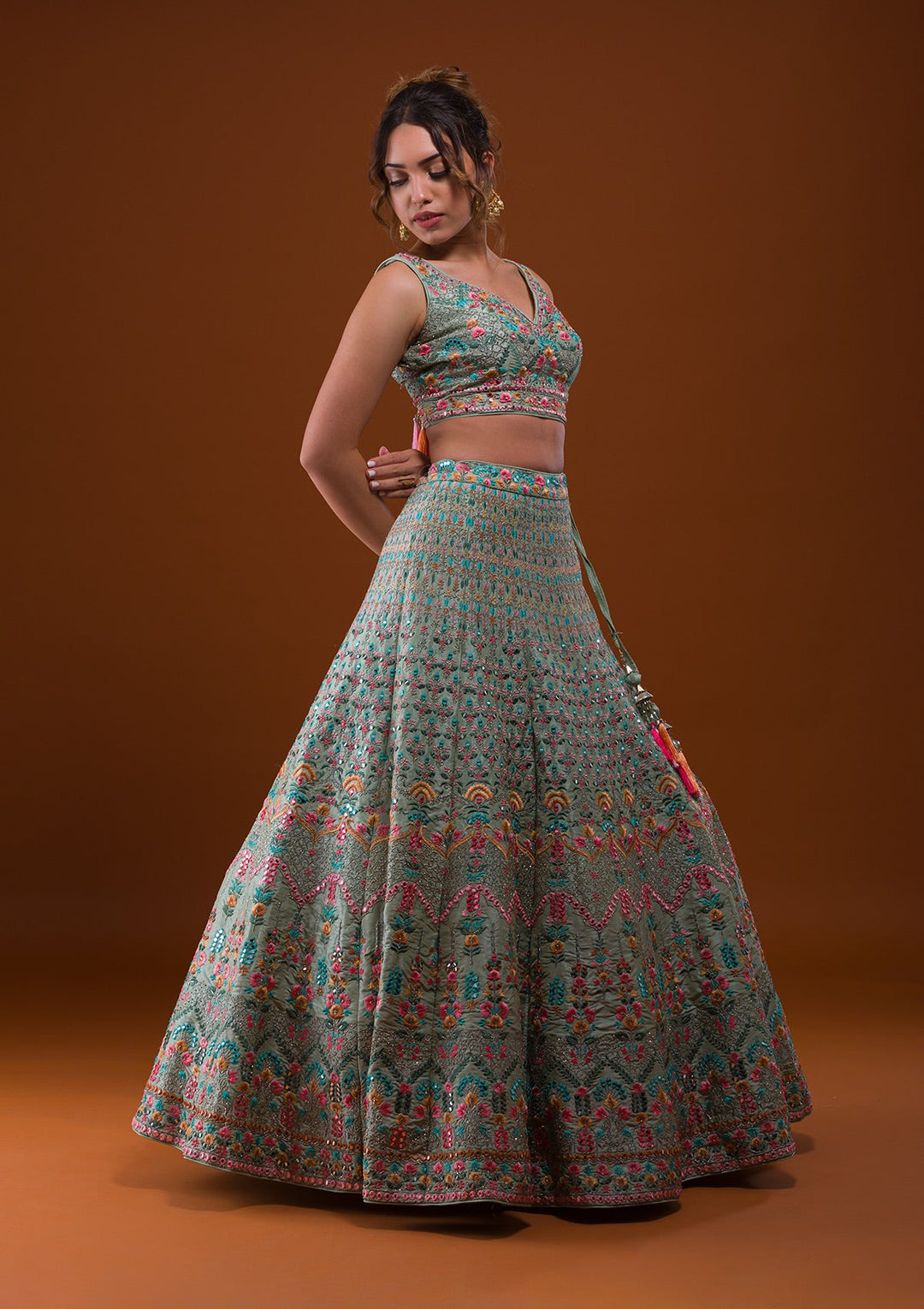 Pista Green Mirrorwork Raw Silk Designer Lehenga-Koskii